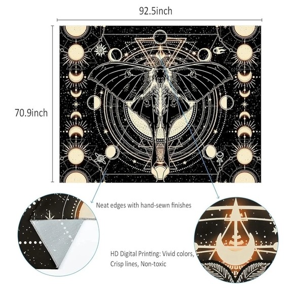 Moon Phase Tapestry Vintage Butterfly Moth Tapestry Psychedelic 70.9" x 92.5" - Picture 5 of 6